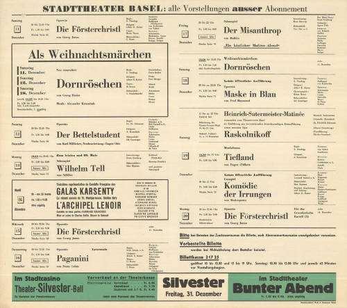 Stadttheater Basel: alle Vorstellungen ausser Abonnement, Als Weihnachtsmärchen, Neu einstudiert, Dornröschen