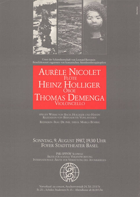 Benefizkonzert zugunsten von koreanischen Atombombenspätopfern, Aurèle Nicolet, Heinz Holliger, Thomas Demenga, Foyer Stadttheater Basel