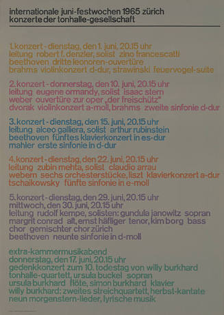 Internationale Juni-Festwochen1965 Zürich, Konzerte der Tonhalle-Gesellschaft