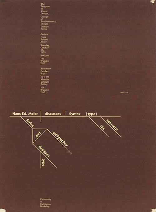 Hans Ed. Meier discusses syntax (type), The Program in Visual Design, College of Environmental Design Lecture Series, University of California, Berkeley