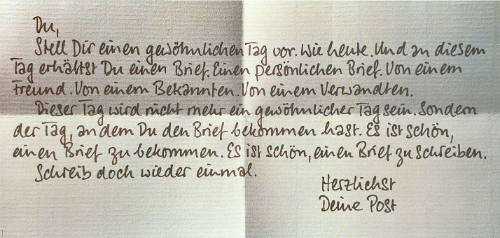Du, stell dir einen gewöhnlichen Tag vor […] Herzlichst, Deine Post