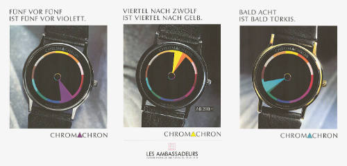 Fünf vor fünf ist fünf vor violett.[…] Chromachron ColorTime, Les Ambassadeurs Zürich