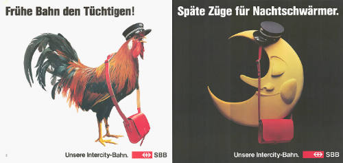 Frühe Bahn den Tüchtigen! Späte Züge für Nachtschwärmer. Unsere Intercity-Bahn. SBB