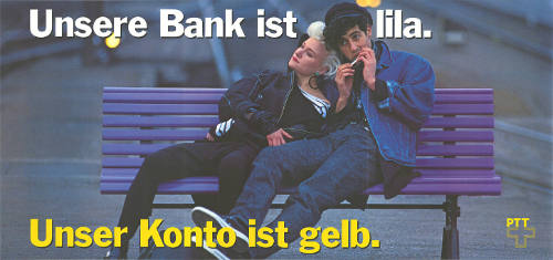 Unsere Bank ist lila. Unser Konto ist gelb. PTT