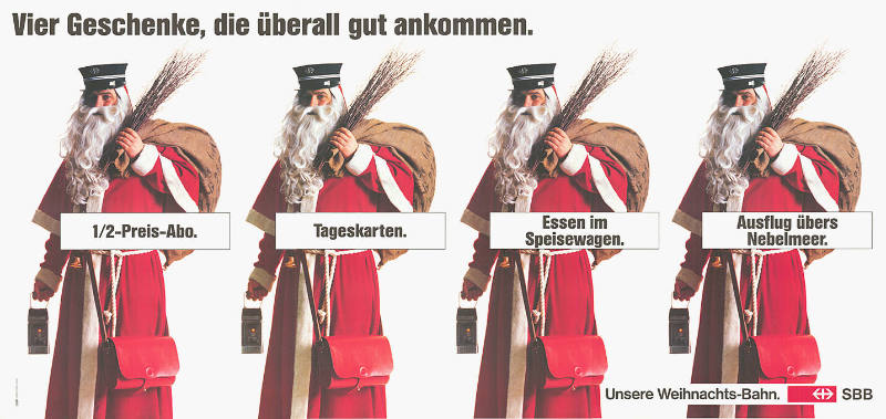 Vier Geschenke, die überall gut ankommen: ½-Preis-Abo. Tageskarten. Essen im Speisewagen. Ausflug übers Nebelmeer. Unsere Weihnachts-Bahn. SBB