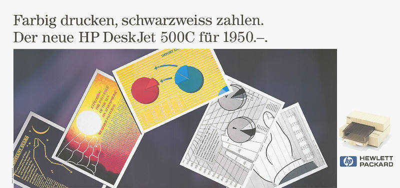 Farbig drucken, schwarzweiss zahlen. Der neue HP DeskJet 500C für 1950.-. Hewlett Packard